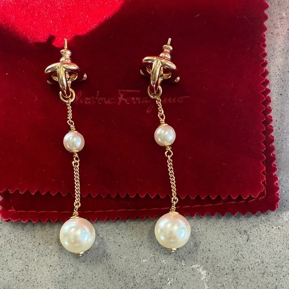 Salvatore Ferragamo Gold and White Pearl Earrings - Picture 2 of 5